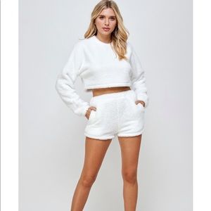 2 piece fuzzy sweater and short set